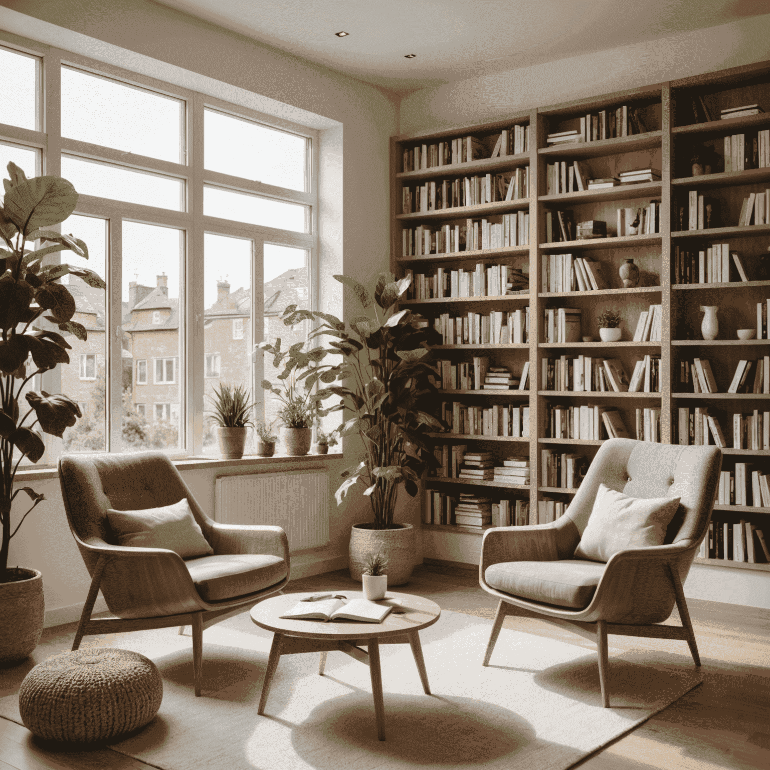 Moderner Lesebereich mit bequemen Sesseln, Holzregalen voller Bücher und Tablets zur digitalen Recherche. Helle, freundliche Atmosphäre mit großen Fenstern und Pflanzen.