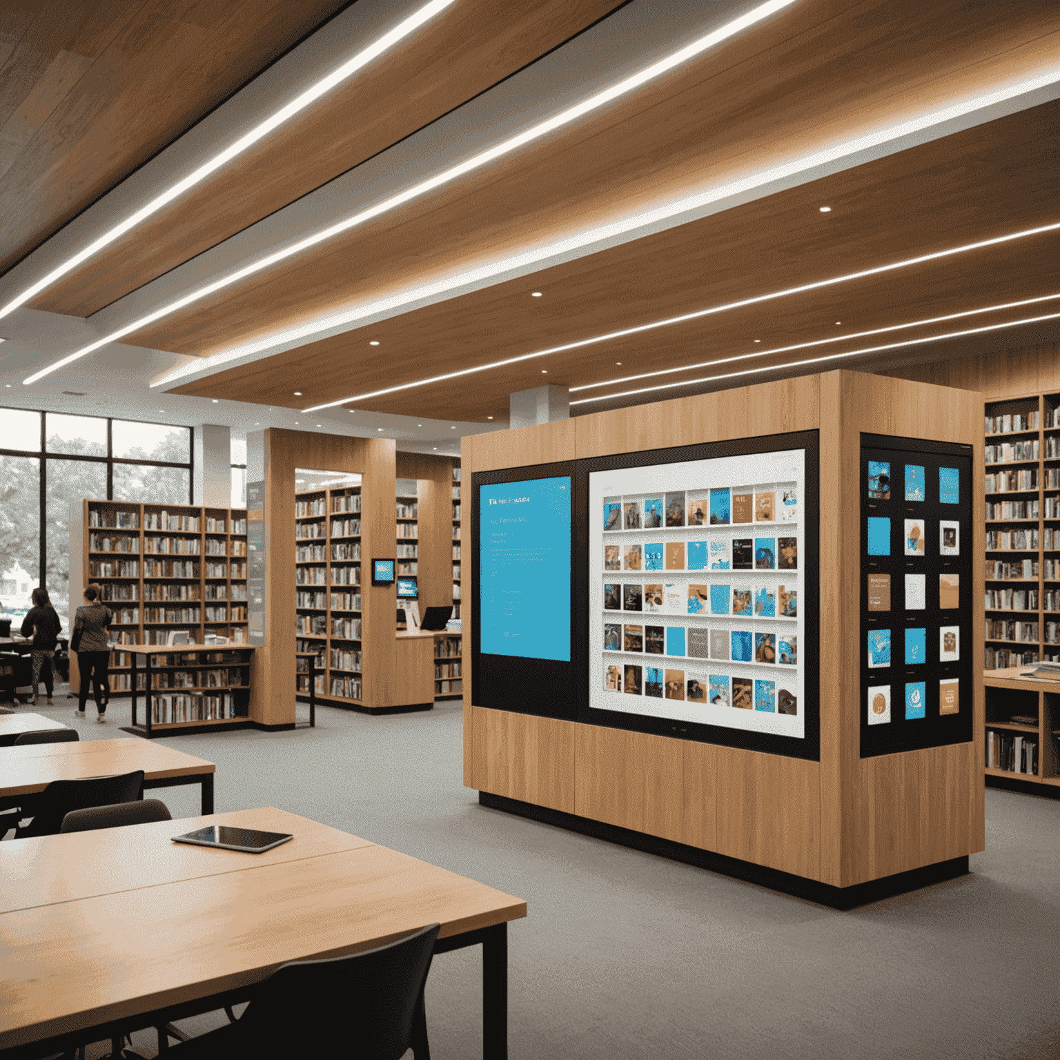 Moderne Bibliothek mit digitalen Displays und interaktiven Touchscreens, die Besucher beim Durchstöbern von E-Books und Online-Ressourcen zeigen