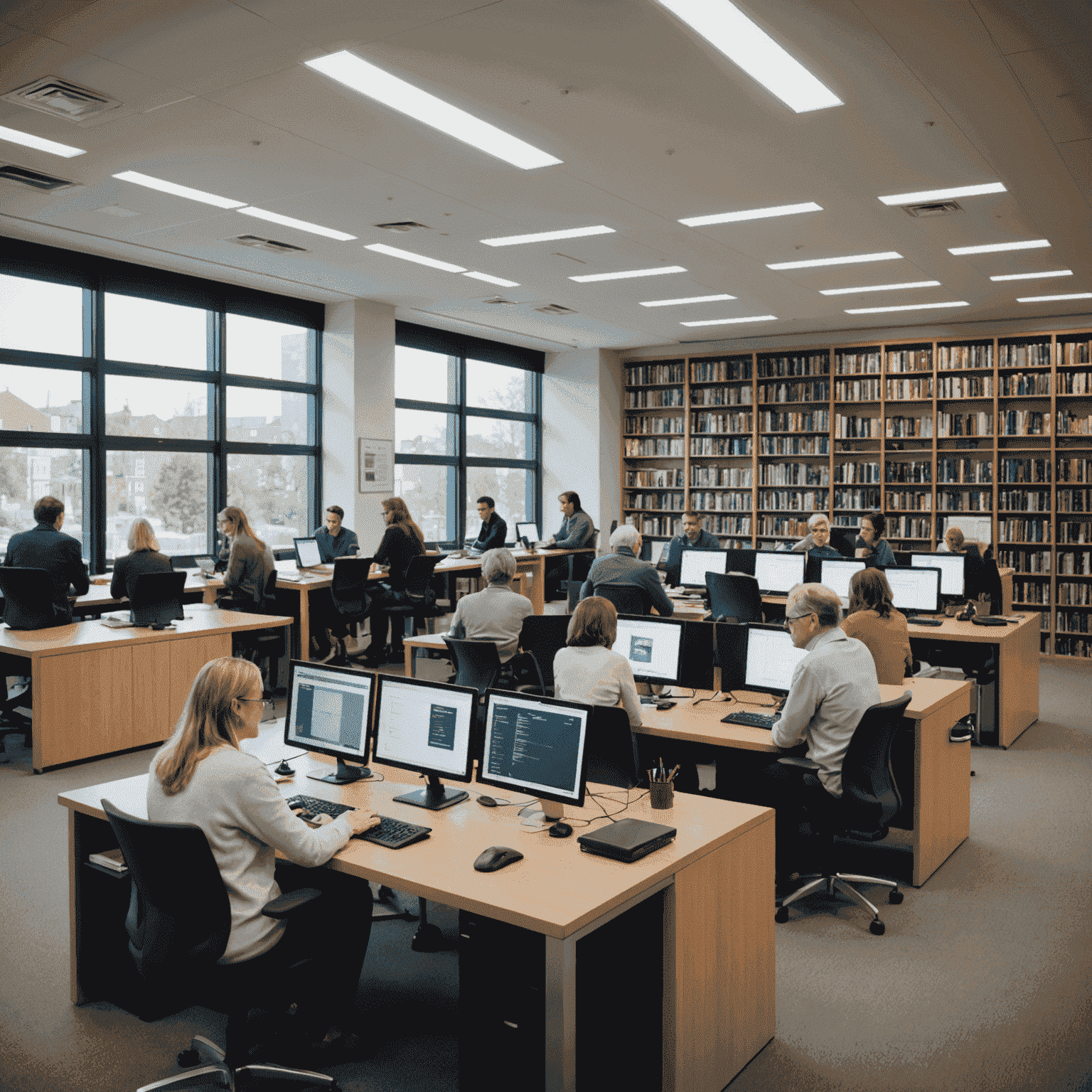 Gruppe von Menschen verschiedenen Alters, die an Computern in einer modernen Bibliothek arbeiten. Im Hintergrund sind Bücherregale und digitale Anzeigetafeln zu sehen.
