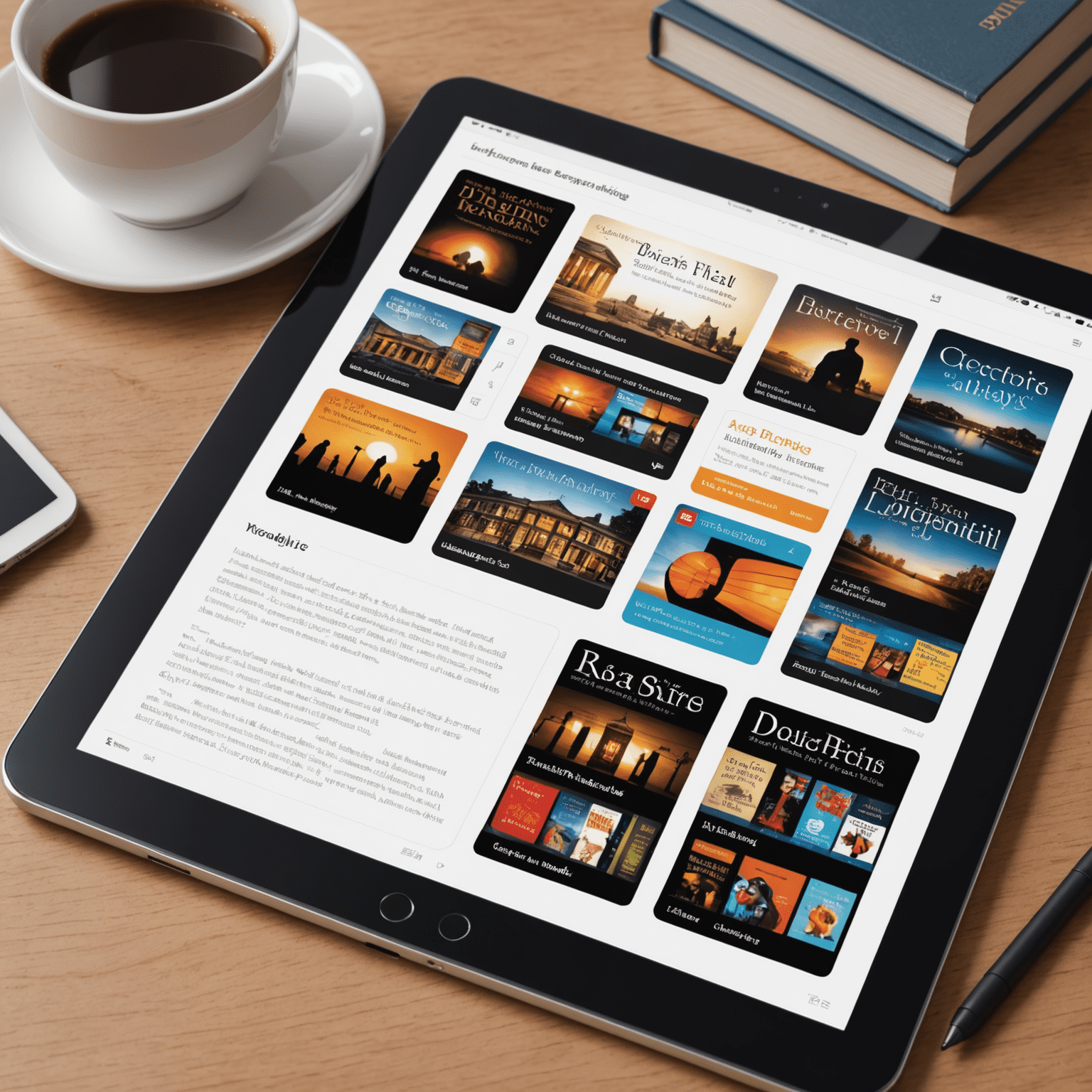 Ein Tablet, das eine digitale Bibliothek mit verschiedenen E-Books, Hörbüchern und digitalen Zeitschriften zeigt