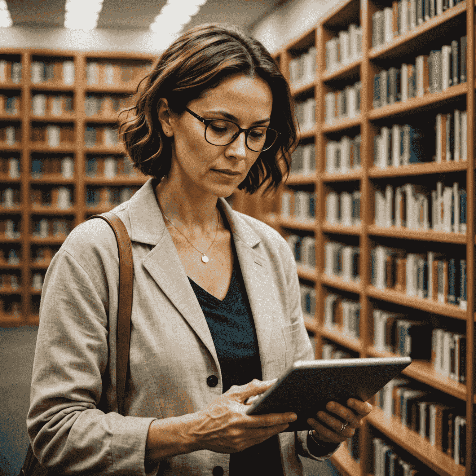 Eine Frau, die ein Tablet benutzt, um auf den digitalen Katalog der Bibliothek zuzugreifen. Im Hintergrund sind Bücherregale zu sehen.