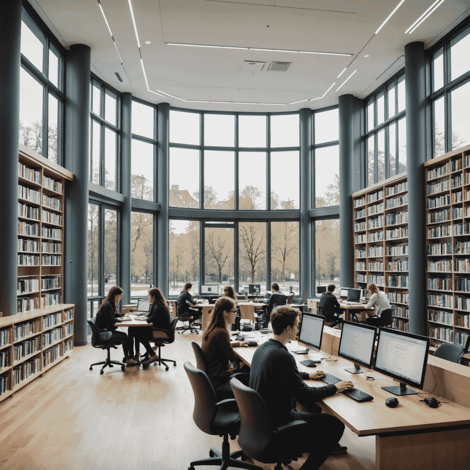 Moderne Bibliothek mit Computern und Studierenden, die Online-Datenbanken nutzen. Im Vordergrund sieht man Bücherregale und im Hintergrund große Fenster mit Blick auf Großräschen.