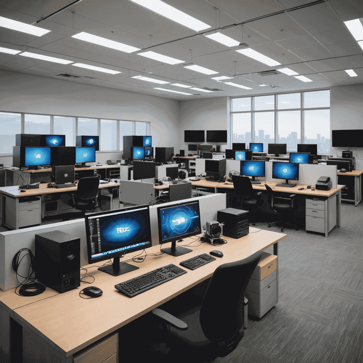 Modernes digitales Medien-Labor mit Computern, Kameras und Audio-Equipment