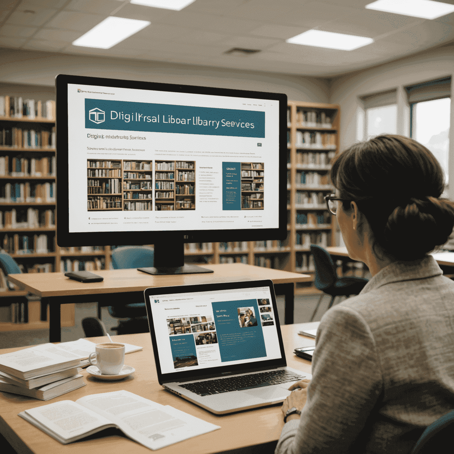Ein Bildschirm zeigt eine Präsentation über digitale Bibliotheksdienste, während ein Bibliothekar vor der Kamera spricht