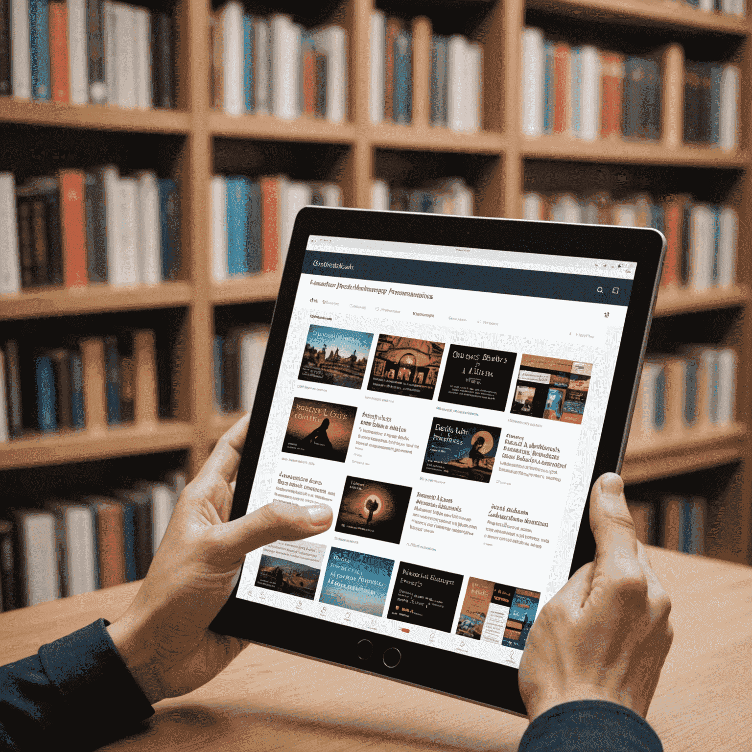 Benutzer, der ein Tablet mit einer KI-gestützten Bibliotheks-App verwendet, die personalisierte Buchempfehlungen anzeigt