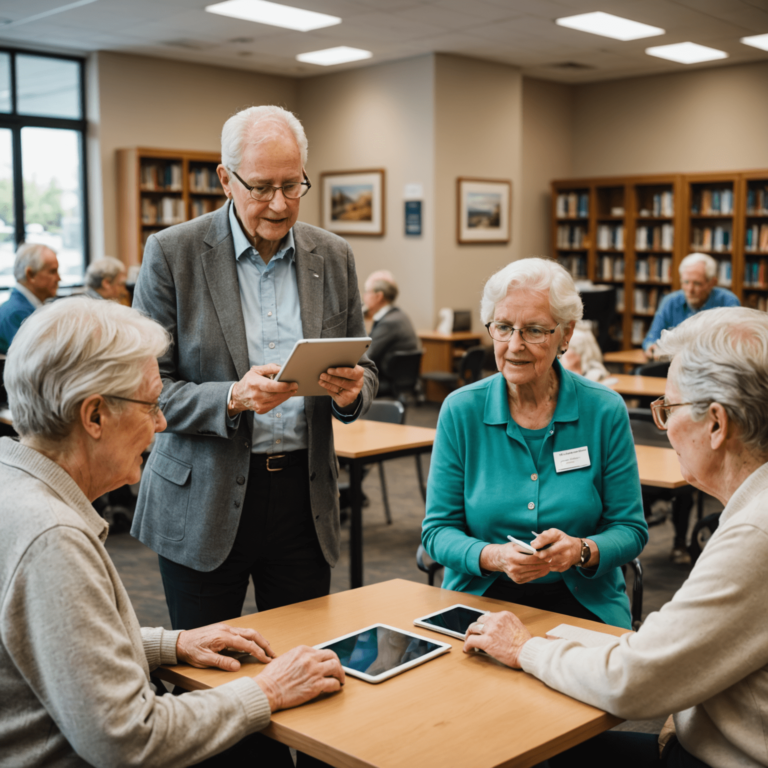 Ein Bibliotheksmitarbeiter erklärt einer Gruppe von Senioren die Nutzung von Tablets. Der Raum ist hell und modern eingerichtet, mit interaktiven Whiteboards an den Wänden.