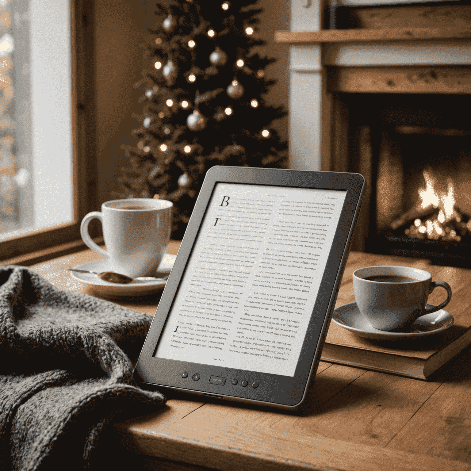 Ein aufgeschlagenes E-Book auf einem E-Reader vor einem gemütlichen Lesebereich