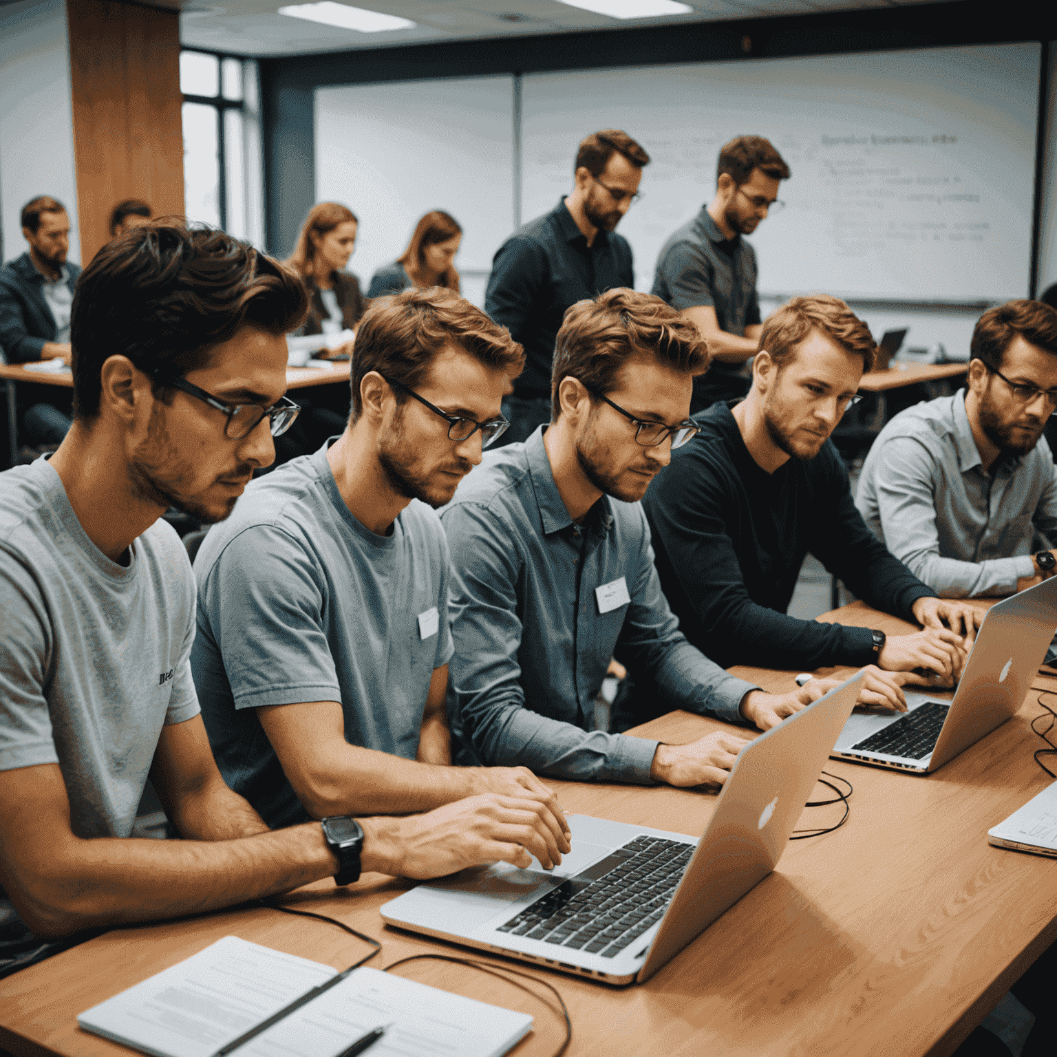 Gruppe von Teilnehmern, die an Laptops arbeiten, während ein Experte vorne Recherchetechniken erklärt