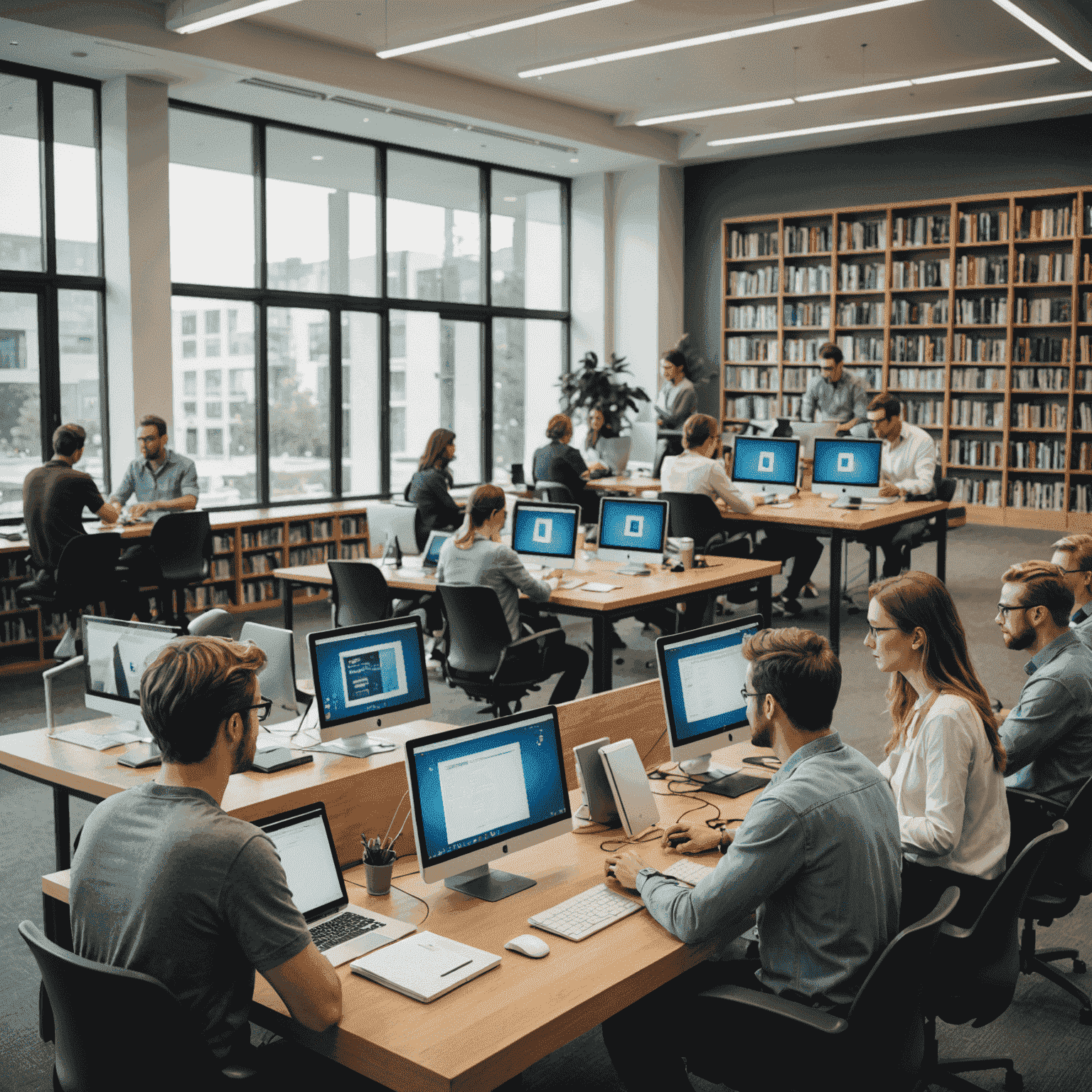 Gruppe von Menschen, die an Computern in einer modernen Bibliothek lernen
