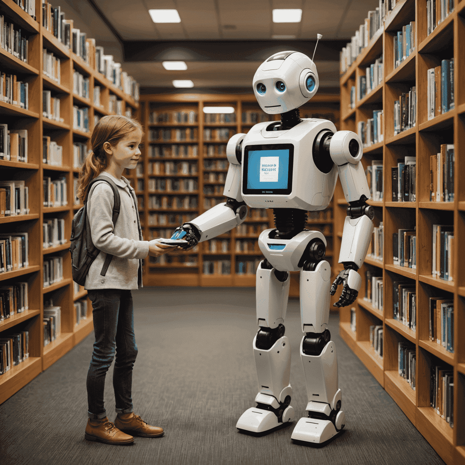 Ein freundlicher Roboter-Assistent, der einem Bibliotheksbesucher hilft, ein Buch in einem großen Bücherregal zu finden