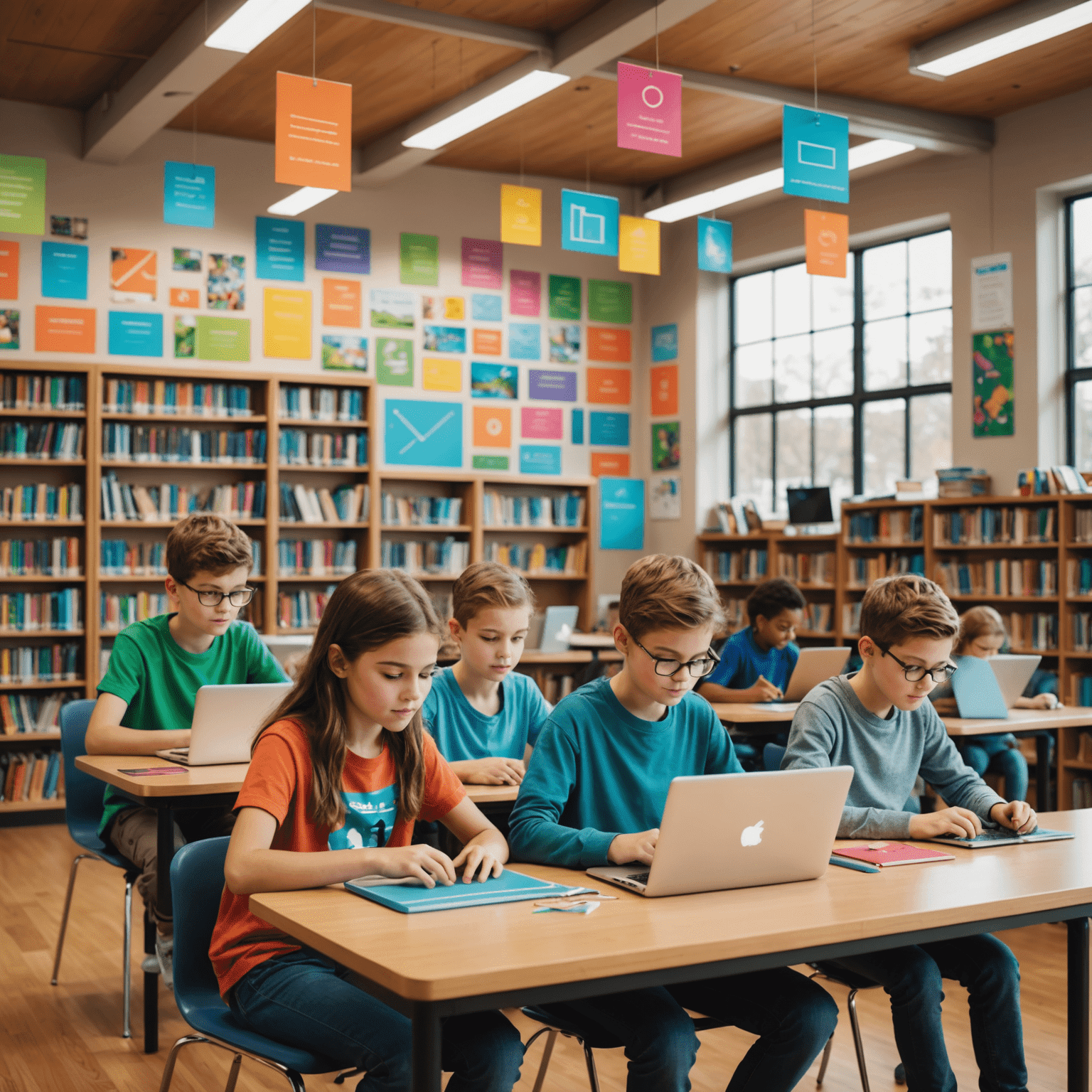 Kinder und Jugendliche arbeiten begeistert an Laptops in einem hellen, farbenfroh gestalteten Bereich der Bibliothek. An den Wänden hängen bunte Poster mit Coding-Konzepten.