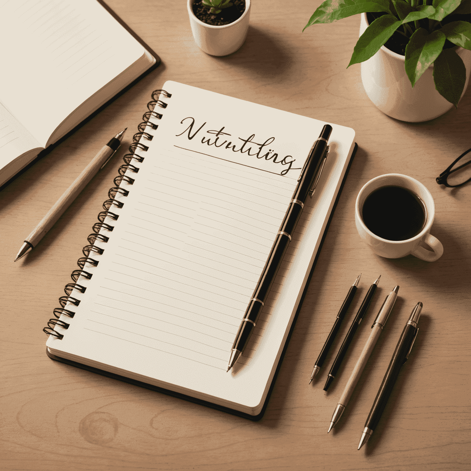 Notizbuch, Stift und kreative Elemente für Schreibkurse