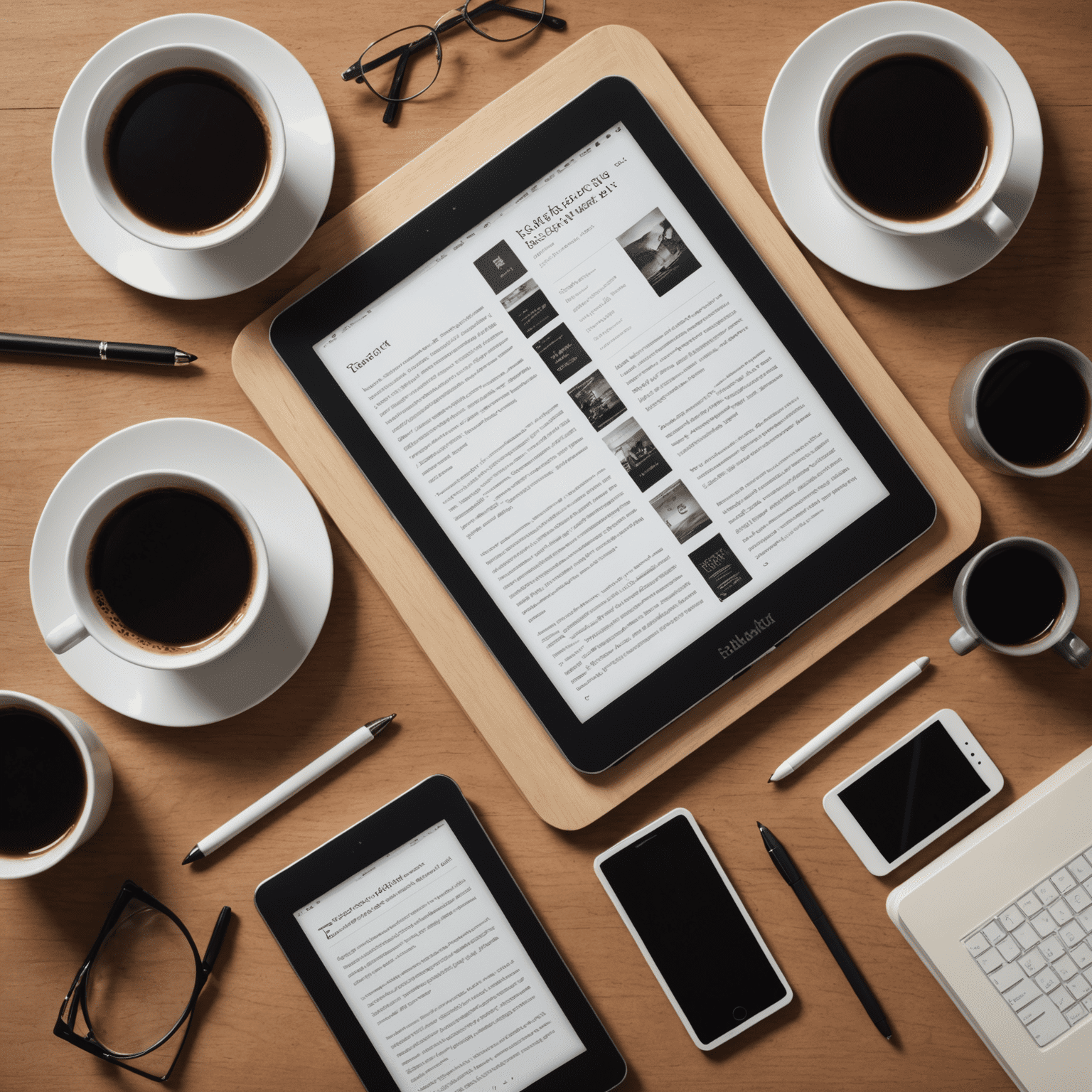 Verschiedene E-Reader und Tablets, die E-Books anzeigen, auf einem Tisch arrangiert