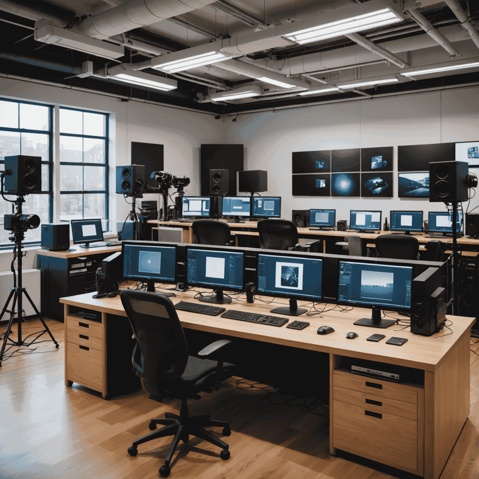 Ein modernes Medienlab mit Computern, Kameras und Audio-Equipment für digitale Contentproduktion